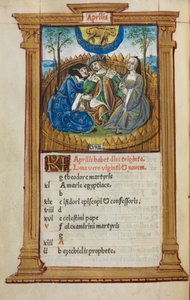 Nyomtatott órakönyv Róma használata: fol. 5v, áprilisi naptári illusztráció, 1510.