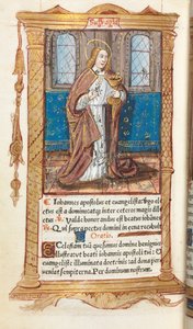 Nyomtatott órakönyv Róma használata: fol. 98v, Szent János evangélista, 1510. alkotó: Guillaume Le Rouge