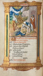 Nyomtatott órakönyv Róma használata: fol. 9v, augusztusi naptári illusztráció, 1510. alkotó: Guillaume Le Rouge