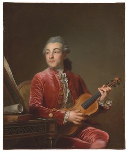 Egy úriember portréja, félalakos, vörös bársonykabátban, hegedűvel (olaj, vászon) alkotó: Guillaume Voiriot
