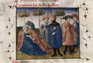 Az udvaroncok gáláns jelenete, miniatűr Guillaume Lorris "Roman de la Rose" című művében