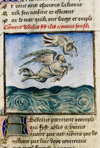 "" Dedale és Icarus "" (Ikarosz és Daedalus) Hogy Minosba meneküljön, Dedale meglöki fiát, Ikarust, hogy viaszszárnyainak köszönhetően repüljön el. Guillaume Lorris miniatűrje „A rózsa római” című kéziratából