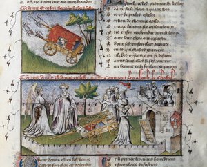Hogyan érkezik Vénusz és megrohamozza a féltékenység által épített kastélyt, Guillaume Lorris miniatúrája a Le Romanesque de la Rose kéziratból,