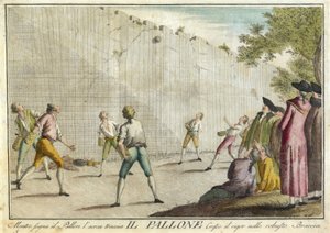 Il Pallone a játékokról, vacsorákról és éves bulikról, amelyeket Toszkánában és különösen Firenzében rendeznek, kocsmában. 1790 (kézzel színezett metszet)