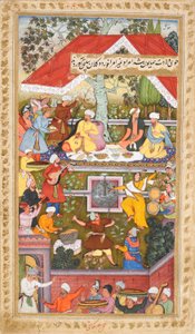 Ünnepségek Humayun születésének tiszteletére a kabuli Chahar Baghban (Sur Gujarati), 1590 körül (fedetlen akvarell) alkotó: Gujarati Sur