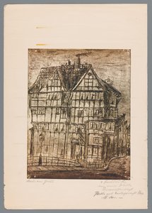 Nyomtatás vagy rajz reprodukciója egy régi házra, esetleg a németországi Greizben alkotó: Gustav Digel (signed by artist)