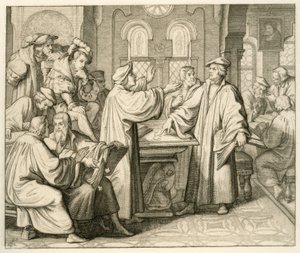 Luther és Ulrich Zwingli (1494-1531) a szentségről vitatkoznak, és nincs egyetértésük, Marburgban 1529 alkotó: Gustav Ferdinand Leopold Konig