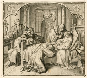 Luther barátja, Philipp (Philippe, Philippus) Melanchthon (1497-1560) nagyon beteg, ezért Luther gyógyulásért imádkozik. alkotó: Gustav Ferdinand Leopold Konig