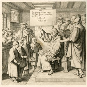 Martin Luther at school with lots of children, because the religion lessons are very important for him, on the right some teachers
