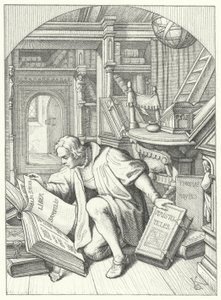Luther Márton latin nyelvű Bibliát talál az Erfurti Egyetem könyvtárában (metszet) alkotó: Gustav Ferdinand Leopold Konig