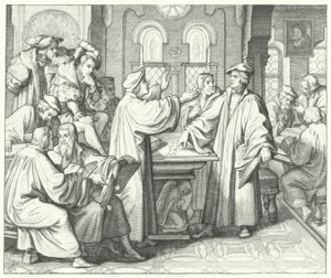 Luther Márton a szentségről beszélget Huldrych Zwinglivel (metszet) alkotó: Gustav Ferdinand Leopold Konig