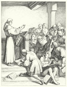 Luther Márton filozófia és teológia előadása a főiskolai diplomához (metszet) alkotó: Gustav Ferdinand Leopold Konig