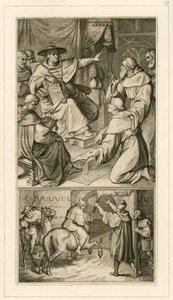 Martin Luther in discussion with cardinal Cajetan, Luther has to revoke his writings, beside him his friend Staupitz