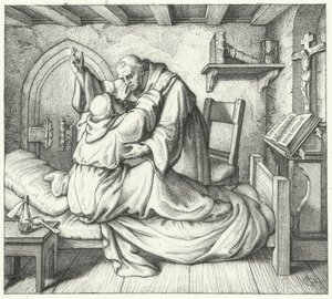 Luther Mártont egy szerzetestársa vigasztalja a kolostorban eltöltött lelki gyötrelme alatt (metszet) alkotó: Gustav Ferdinand Leopold Konig