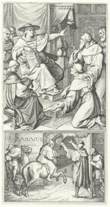Luther Márton elhagyja a pápa wittenbergi legátusát, Thomas Cajetant (fent). Luther Márton elhagyja Augsburg városát (alul) (metszet) alkotó: Gustav Ferdinand Leopold Konig