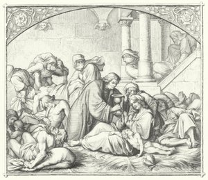 Luther Márton vigasztalja a pestisben szenvedőket (metszet) alkotó: Gustav Ferdinand Leopold Konig