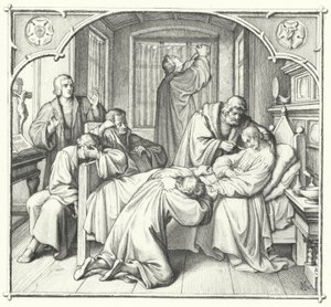 Luther Márton Philip Melanchthon halálos ágyánál imádkozik (metszet) alkotó: Gustav Ferdinand Leopold Konig