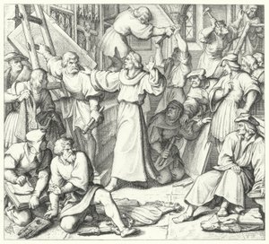 Luther Márton visszatartja a wittenbergi ikonoklasztokat (metszet) alkotó: Gustav Ferdinand Leopold Konig