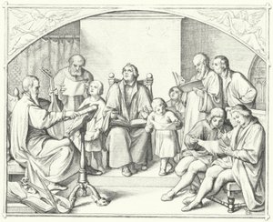 Luther Márton templomi kórussal énekel (metszet) alkotó: Gustav Ferdinand Leopold Konig