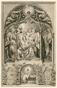 Luther Márton halála, Luther két fia, apja előtt térdel, Dr. Justus Jonas mondja az utolsó szavakat, mögöttük Michael Coelius imádkozik, Johannes Aurifaber egy kandeláberrel, Simon Wild orvos gyógyszerrel, jobbra a gróf Albr. alkotó: Gustav Ferdinand Leopold Konig