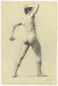 Férfiakt hátulról, 1880 körül (ceruzával, fehér krétával emelt, papír) alkotó: Gustav Klimt