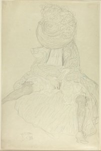 Ülő nő elölről kalappal, kapucnis arccal alkotó: Gustav Klimt