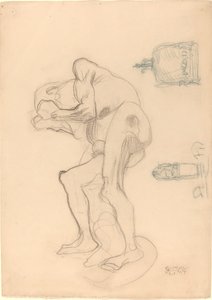 Tanulmány egy meztelen idős nőről, aki ökölbe szorítja a kezét, és két dekorációs tárgyat alkotó: Gustav Klimt