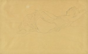 Háton fekvő, részben felöltözött nő alkotó: Gustav Klimt