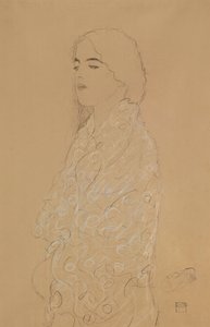 Nő fehér kendővel (ceruza fehér és piros színű krétával papíron) alkotó: Gustav Klimt