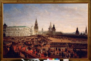 Katonai felvonulás II. Sándor császár (1818-1881) koronázása idején a moszkvai Kremlben, 1855. február 18. Gustav Schwarz festménye (kb. 1800-1855 után), olaj, vászon