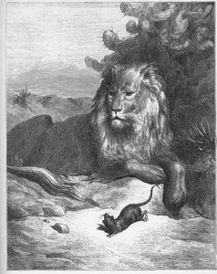 Le lion et le rat - Az oroszlán és az egér - Jean de La Fontaine (Lafontaine) meséiből (1621-95) - metszet Gustave Dore (1832-83) után - Magángyűjtemény
