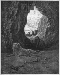 Le lion malade et le fox - A róka és a beteg oroszlán - Jean de La Fontaine (Lafontaine) "Fables"-jából (1621-95) - gravírozás Gustave Dore (1832-83) nyomán - Magángyűjtemény alkotó: Gustave (after) Dore