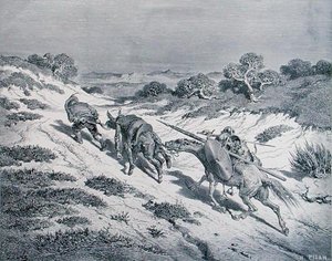 A megvert lovag és lovagja, Miguel Cervantes (1547-1616) "Don Quijote de la Mancha" című művéből, Heliodore Joseph Pisan (1822-90) metszetében, 1868 körül (metszet) alkotó: Gustave (after) Dore