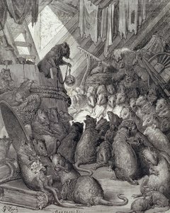 A Patkányok Tanácsa, La Fontaine meséiből, Antoine Valerie Bertrand (sz. 1823) 1868 körül (metszet) alkotó: Gustave (after) Dore