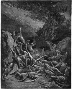 Az elveszett paradicsom: a bukott angyalok. Gustave Dore rajzából, amely John Milton (1608-1674) angol költő „Elveszett paradicsomát” illusztrálja. Metszet 1867-ből. Magángyűjtemény