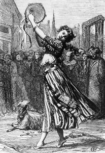 Esmeralda kecskéjével, Djalival, illusztráció a Púpos Notre-Dame számára, Victor Hugo (1802-1885) regénye, metszet Gustave Brion (1824-1877) rajza után, kiadó: Hetzel, Párizs