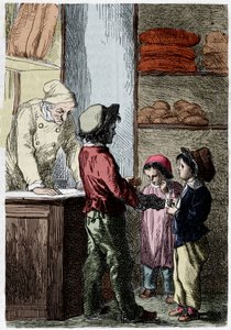 Gavroche kenyeret ad a gyerekeknek – Victor Hugo „Les Miserables” című művében, ill. írta: Brion, szerk. Hetzel és Lacroix