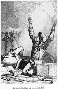 Gavroche csak azért esett vissza, hogy ismét felemelkedjen, illusztrációja Victor Hugo (1802-85) „Les Miserables” című művéből, Jules Leon Perrichon (1836-97) metszetével.