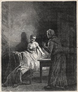 Marguerite belép Fantine szobájába, és Fantine megmutat neki két Napóleont (érmét), akik megmenthetik Cosette-et, a lányát – Illusztráció: Gustave Brion (1824-1877) a „Nyomorultak – Első rész: Fantine” című filmjéhez, Victor Hugo (1802-1885) 1862 alkotó: Gustave Brion