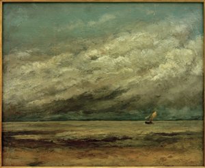Vitorlás a part közelében, viharos égbolt alkotó: Gustave Courbet