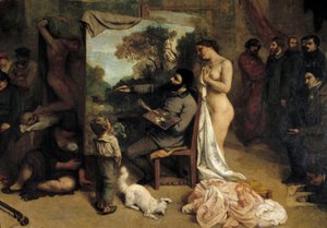 A festőműhely. Allegorie Reelle művészi életem (és erkölcsi) hétéves szakaszát meghatározó A festőt ábrázoló részlet két ihletforrást vesz körül, a naivitást szimbolizáló gyermeket és egy meztelen nőt. Gustave Courbet festménye (1819-