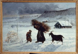Falusi szegénység, Ornans. Egy paraszt és lánya kenyeret, fát és kecskét hoznak téli ellátásként. Gustave Courbet (1819-1877) festménye 19. század V. 1,26 x 0,85 m. Magángyűjtemény alkotó: Gustave Courbet