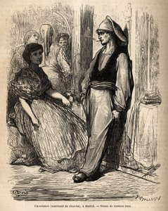 Egy csokoládékereskedő a szabadban, vázlat az élénk Madridban készült felvételről. Gustave Dore (1832-1883) metszete spanyolországi utazásának illusztrálására Ch. Davillier (szerkesztő), 1862-ben, megjelent a "" Le tour du monde""" 1869-ben, szerkesztette  alkotó: Gustave Dore