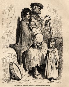 Nomád táncosok családja pihen Sevilla utcáin. Gustave Dore (1832-1883) vázlatát élőben készítette. A spanyolországi utazást illusztráló metszet, Charles Davillier és Gustave Dore 1862-ben a „Le tour du monde, nouveau Journal des voyag” c. alkotó: Gustave Dore