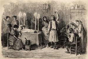 Temetési tánc, a halotti napon Jijonasban (Alicante tartomány). Gustave Dore (1832-1883) vázlatát élőben készítette. A spanyolországi utazást illusztráló metszet, Charles Davillier és Gustave Dore 1862-ben a „Le tour du monde, nouveau jour” c. alkotó: Gustave Dore