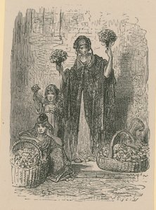 Fiatal nők egy csoportja, akik kosarakból virágot árulnak alkotó: Gustave Dore
