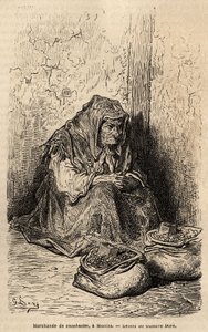 Egy földimogyoró-kereskedő, vázlat a madridi Puerta del solban. Gustave Dore (1832-1883) metszete spanyolországi utazásának illusztrálására Ch. Davillier (szerkesztő), 1862-ben, megjelent a "" Le tour du monde""" 1869-ben, szerkesztette Edouard Charton, Ha alkotó: Gustave Dore