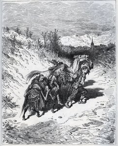 Egy szántó visszahozza Don Quijotét és Rossinantét a faluba – Miguel Cervantes „Don Quijote de la Mancha” című művéből alkotó: Gustave Dore