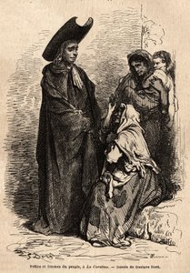 Egy pap és egy asszony a nép közül, rongyokba öltözve; a hivatásos spanyol koldusok az egyházak udvarán telepedtek le, hogy ügyesen kiaknázzák a keresztény szeretetet. Gustave Dore (1832-1883) vázlatát élőben készítette. Metszet az utazás illusztrálására alkotó: Gustave Dore