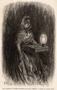 Viaszgyufa eladónő, vázlat élőben a puerta del solban, Madridban. Gustave Dore (1832-1883) metszete spanyolországi utazásának illusztrálására Ch. Davillier (szerkesztő), 1862-ben, megjelent a "" Le tour du monde""" 1869-ben, szerkesztette Edouard Charton, alkotó: Gustave Dore